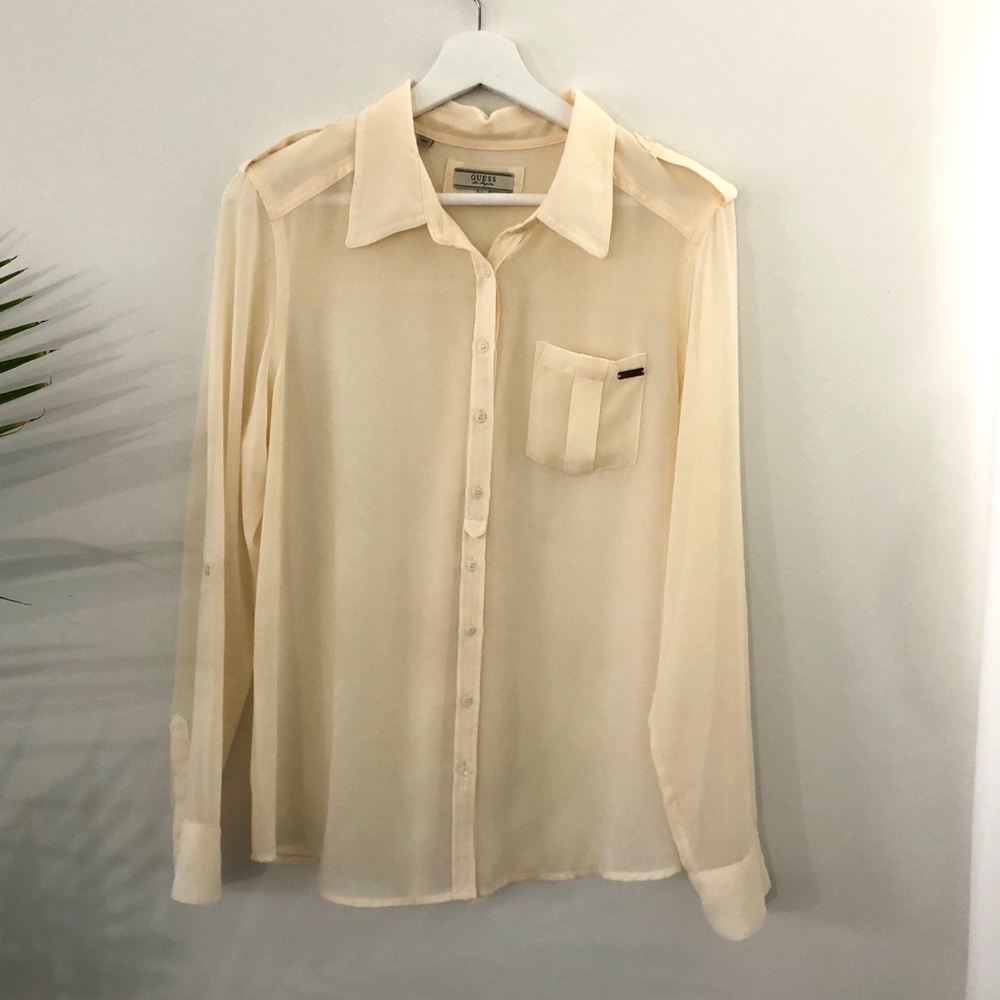 Guess Sheer Cream Chiffon Button-Up Top Size L